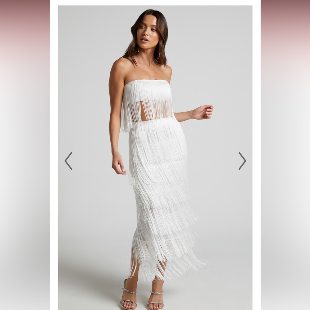 Amalee fringe strapless crop top and midi skirt two piece set in white